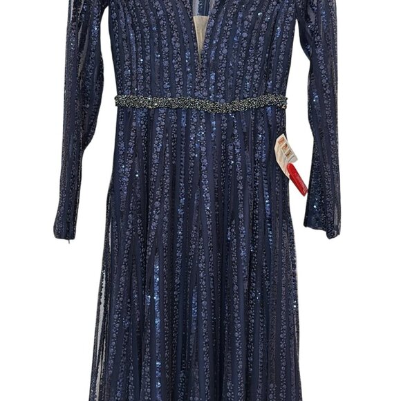 NWT Mac Duggal 11184 Plunging Striped Sequin Long Sleeve Gown in Midnight Size 2 - Picture 6 of 12